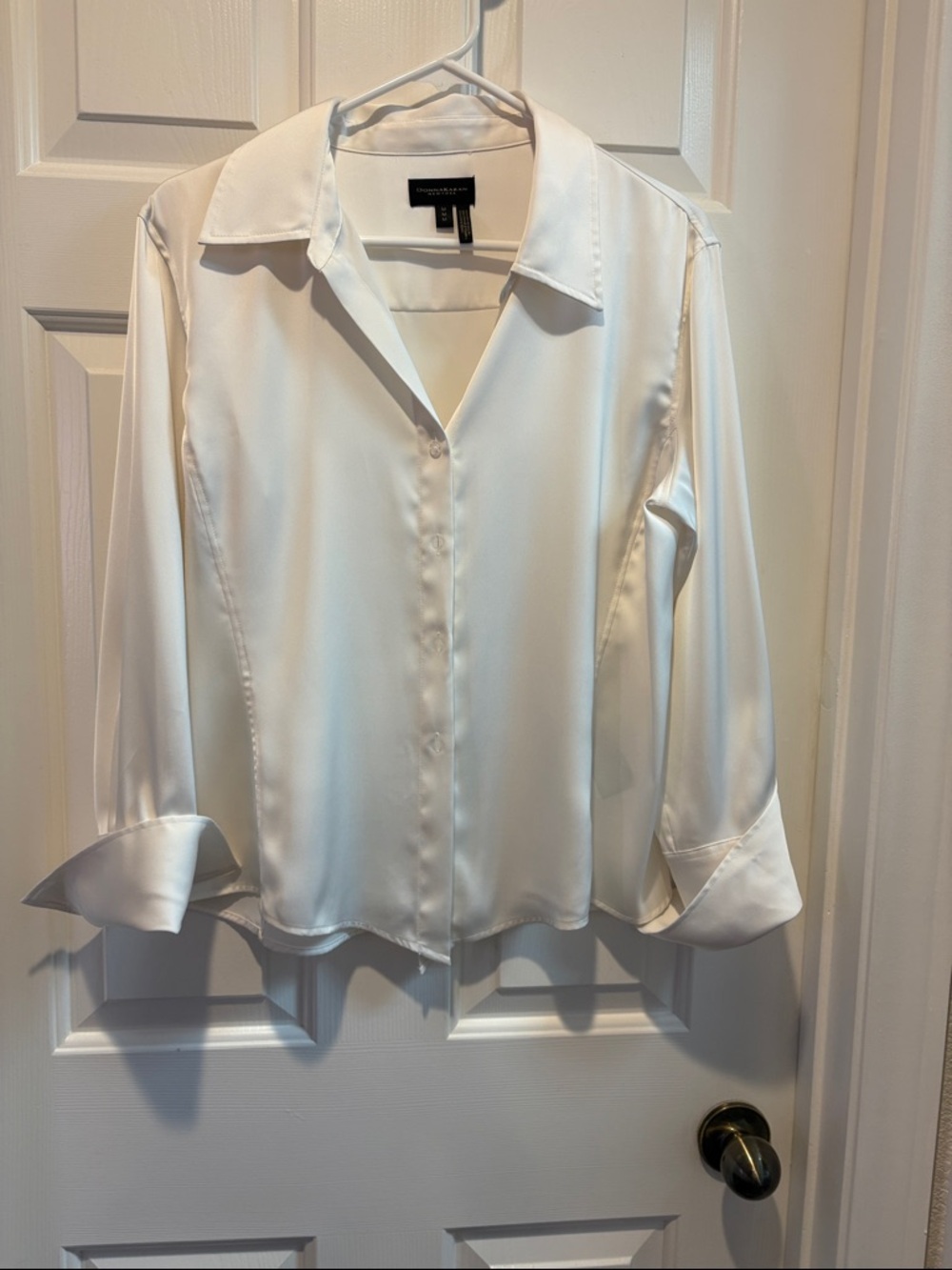 Donna Karen New York  White Satin Button-Up Blouse
